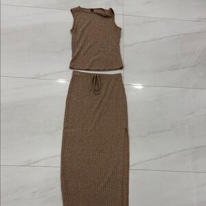 SHEIN Brown Ribbed Maxi Skirt with Side Slit